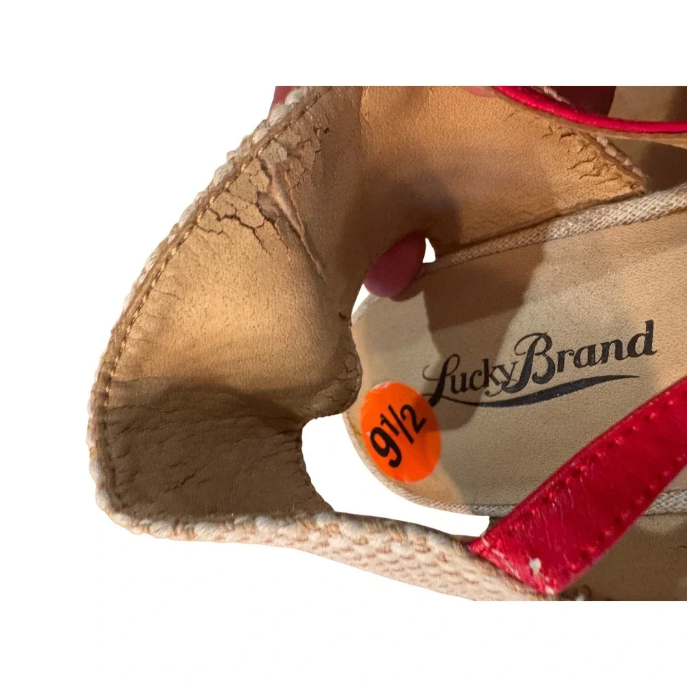 Lucky Brand Women's Red Woven Espadrille Wedge Sandals Size 9.5 ankle strap boho